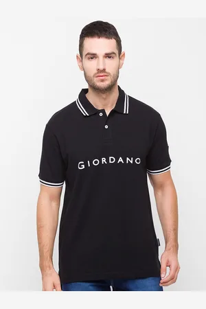 Giordano Men Black Brand Logo Printed Polo Collar Slim Fit Cotton T-shirt