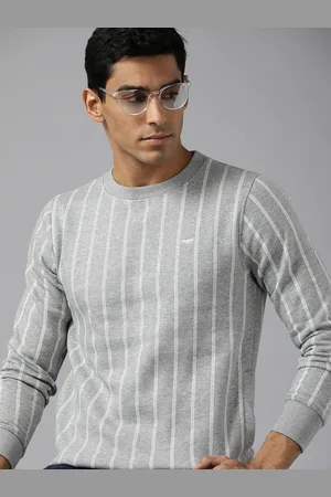 Park Avenue Men Grey Melange & White Striped Sweatshirt