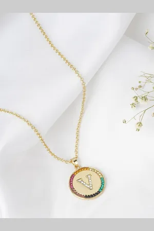 Joker & Witch Gold-Toned Rhinestone Studded Alphabet V Pendant with Chain