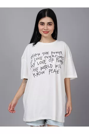 DOOR74 Women Off White Typography Printed Cotton Oversized Oversized T-shirt