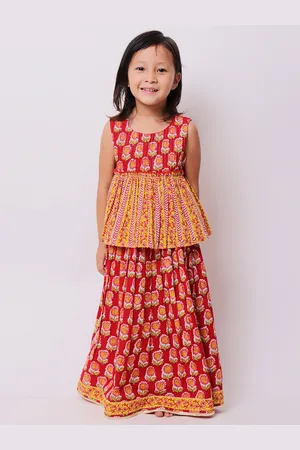 My Little Lambs Girls Red & Yellow Printed Block Print Ready to Wear Lehenga &