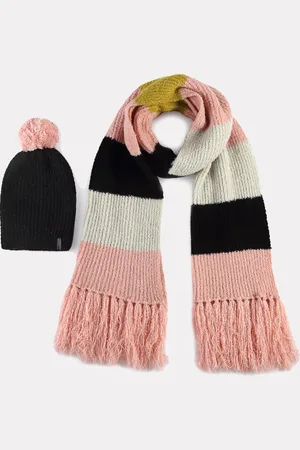 513 Clothing Women Black & Pink Colourblocked Knitted Muffler with Beanie