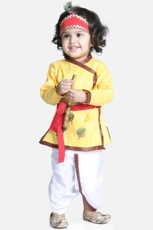 BownBee Boys Yellow Printed Pure Cotton Kanhaiya Dress Kurta & Dhoti With Mukut & Bansuri
