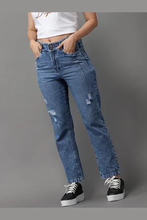 SHOWOFF Women Blue Jean Straight Fit High-Rise Mildly Distressed Light Fade Jeans