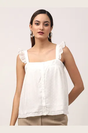 CENTRESTAGE Women Off White Self Design Ruffles Top