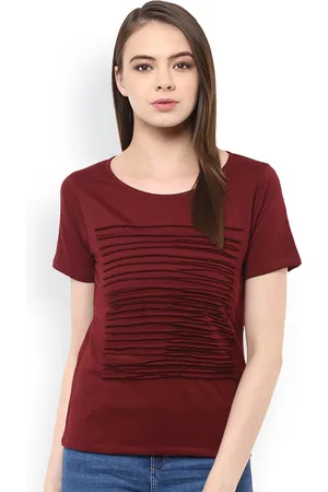 Miss Chase Women Maroon T-shirt with Ruffled Detail