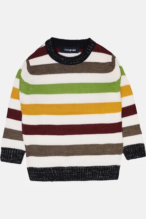 Chimprala Girls White & Green Striped Pullover