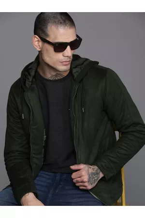 WROGN Men Olive Green Solid Hooded Tailored Jacket