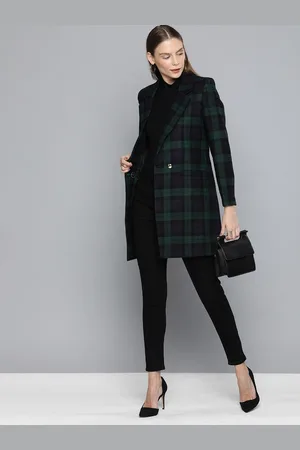 Chemistry Women Navy Blue & Green Checked Longline Trench Coat