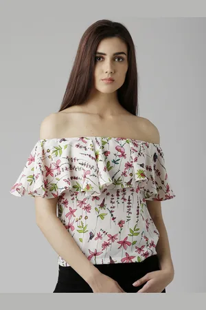Miss Chase Women Off-White Printed Bardot Top