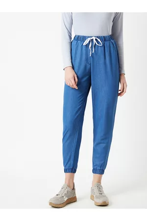 Miss Chase Women Lightweight Blue Regular Fit Solid Denim Joggers