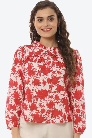 Rangriti Women Red Floral Print Ruffles Crepe Top