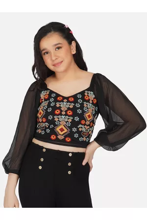 Antheaa Black Floral Print Chiffon Blouson Crop Top