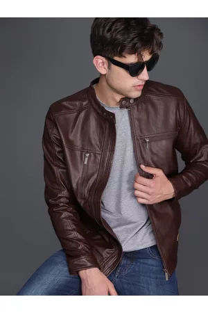 WROGN Men Burgundy Solid Biker Jacket