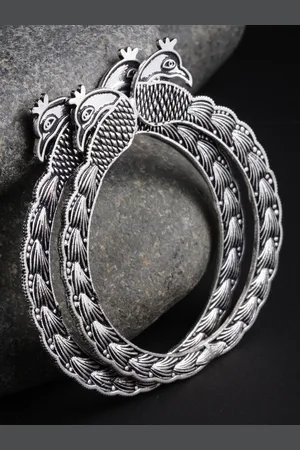 PANASH Set of 2 Silver-Toned Oxidised Peacock-Shaped Bangles