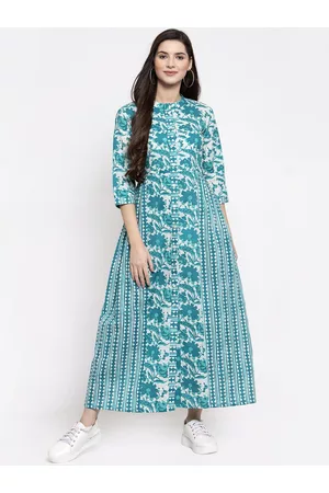 INDIBELLE Women Turquoise Blue & White Printed Fit and Flare Dress