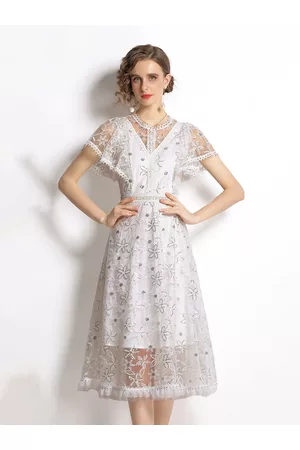 JC Collection Women White Floral Formal Midi Flared Short Sleeves Dress