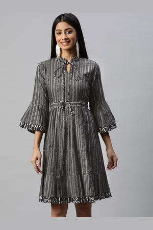 RAJGRANTH Women Grey & Black Striped Pure Cotton A-Line Midi Dress