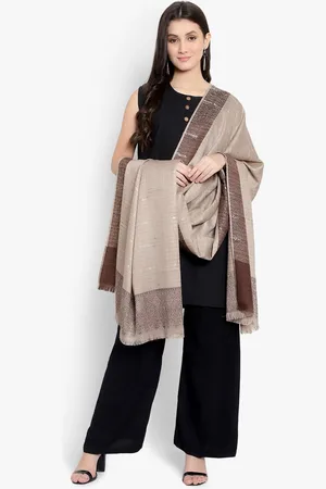 Mizash Women Beige Striped Woven Woolen Shawl