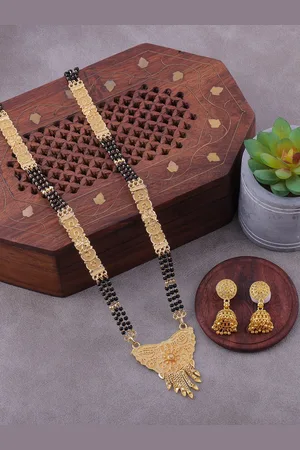 Brandsoon Gold-Plated & Black Beaded Mangalsutra With Earrings