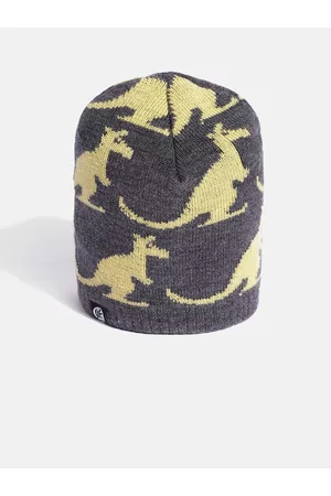YK Kids Charcoal Grey & Yellow Kangaroo Self-Design Beanie