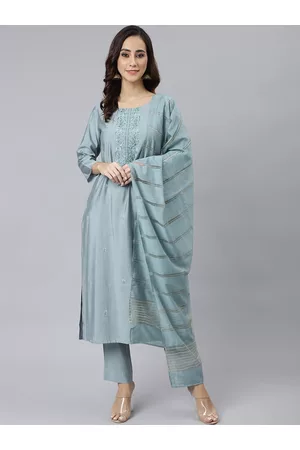 Janasya Women Embroidered Thread Work Kurta with Trousers & With Dupatta