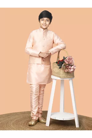LilPicks Boys Peach Embroidered Dupion Silk Kurta with Churidar & With Nehru Jacket