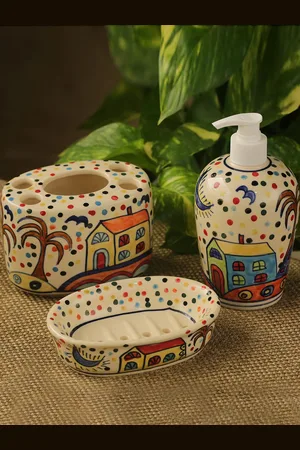 ExclusiveLane Set Of 3 Multicoloured Hand-Painted Ceramic Bathroom Accessories Set