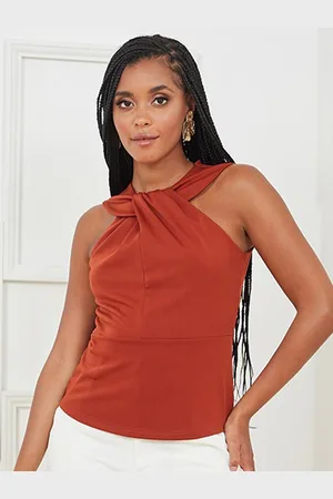 Styli Brown Front Twist Detail Fitted Top