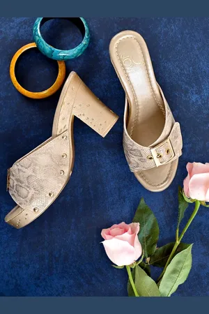 Jove Beige Printed Block Heels with Buckles