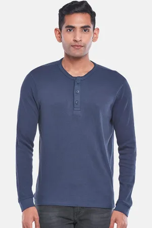 PEOPLE Men Navy Blue Henley Neck Slim Fit T-shirt