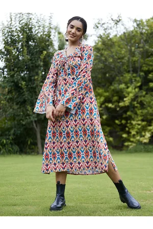 ATHENA Multicoloured Bohemian A-Line Midi Dress