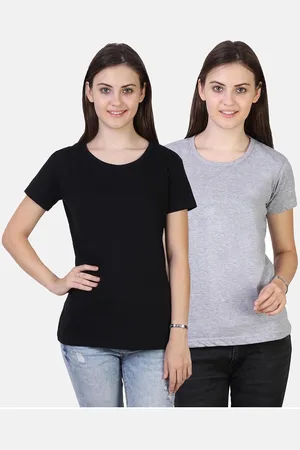 Fleximaa Women Black & Grey Set Of 2 Cotton T-shirt