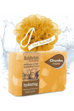 BodyHerbals Hydrating Honey Almond Bathing Soap Bar with Natural Chunks & Free Bath Puff