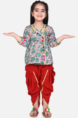 BownBee Girls Peach-Coloured & Blue Printed Kurti with Dhoti Pants