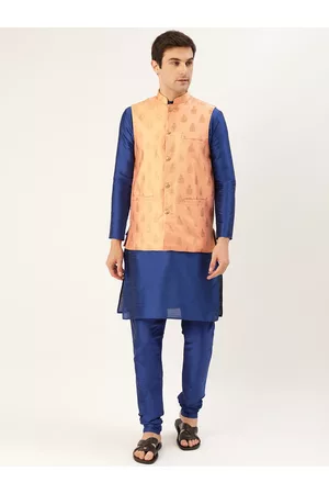 SOJANYA Men Blue & Peach-Coloured Solid Kurta with Churidar & Nehru Jacket