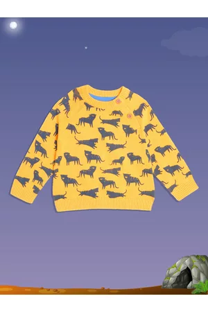 Mothercare Boys Mustard Yellow & Navy Blue Printed Pure Cotton Pullover