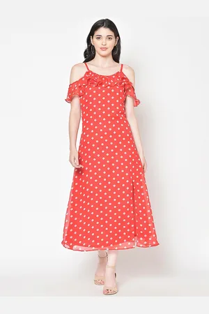 Cation Women Red & White Polka Dot Print Midi A-Line Dress