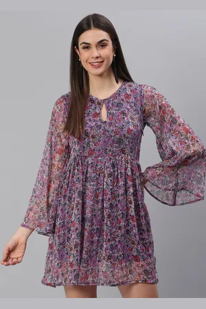 Cation Purple Floral Printed Keyhole Neck Chiffon Fit and Flare Dress