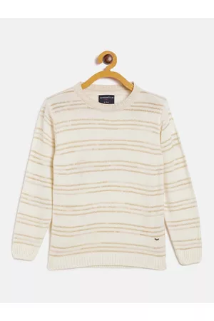 Crimsoune Club Girls Off White & Brown Striped Acrylic Pullover