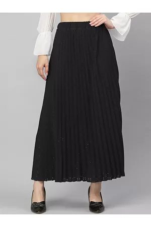 KASSUALLY Women Black Solid Schiffli Pleated Skirts
