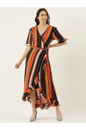Campus Women Black & Mustard Yellow Striped Wrap Dress