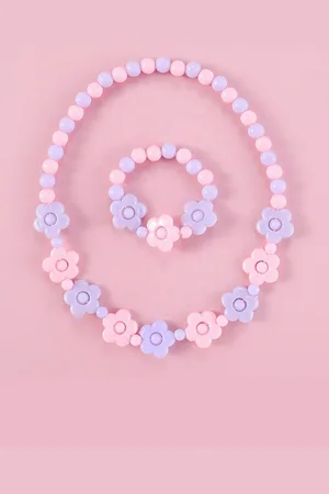 EL REGALO Girls Pink and Purple Beaded Necklace Bracelet Jewellery Set