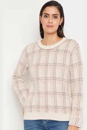 MADAME Women Beige & Violet Checked Acrylic Pullover Sweater