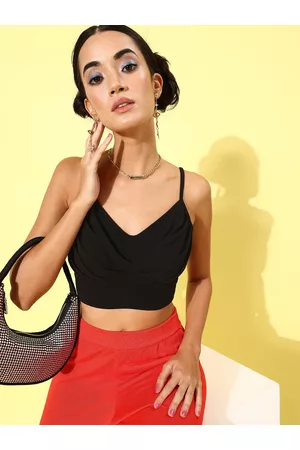 KASSUALLY Women Black Solid Crop Top