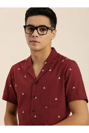 Taavi Men Maroon Regular Fit Geometric Opaque Self Design Pure Cotton Woven Legacy Shirt