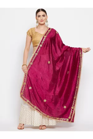 Clora Creation Women Burgundy & Gold-Toned Embroidered Dupatta with Beads and Stones