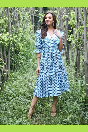 ATHENA Blue & White Printed Linen A-Line Midi Dress