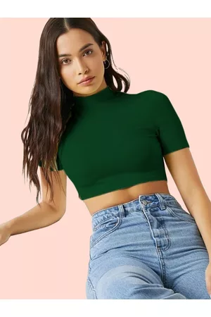 Dream Beauty Fashion Women Green High Neck Fitted Crop Bullet Top