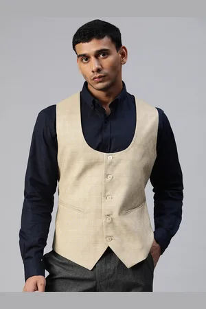 MANQ Men Beige Self Checked Slim Fit Formal Waistcoat